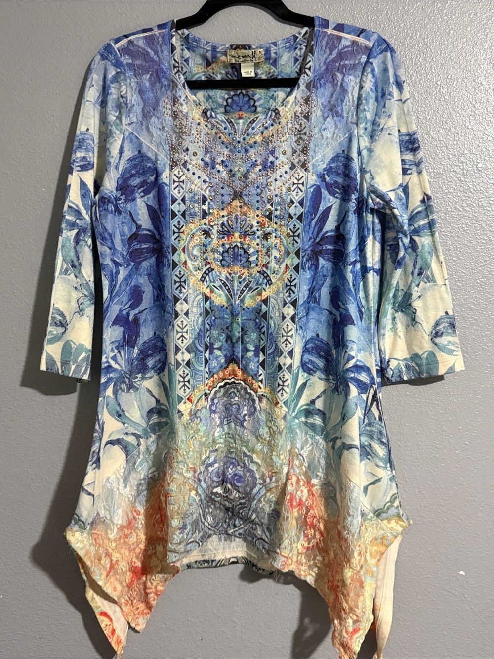 ONE WORLD Blue Floral Ornate Handkerchief-Hem Tunic